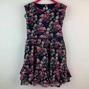 Janie And Jack Girl’s Navy Pink Floral Chiffon Ruffle Dress Size 7